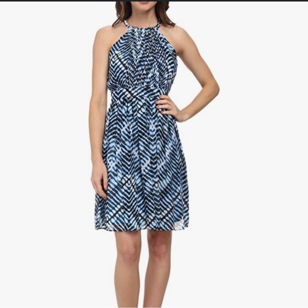Calvin Klein Blue white Halter Striped sheath Dress . Size 10 p .